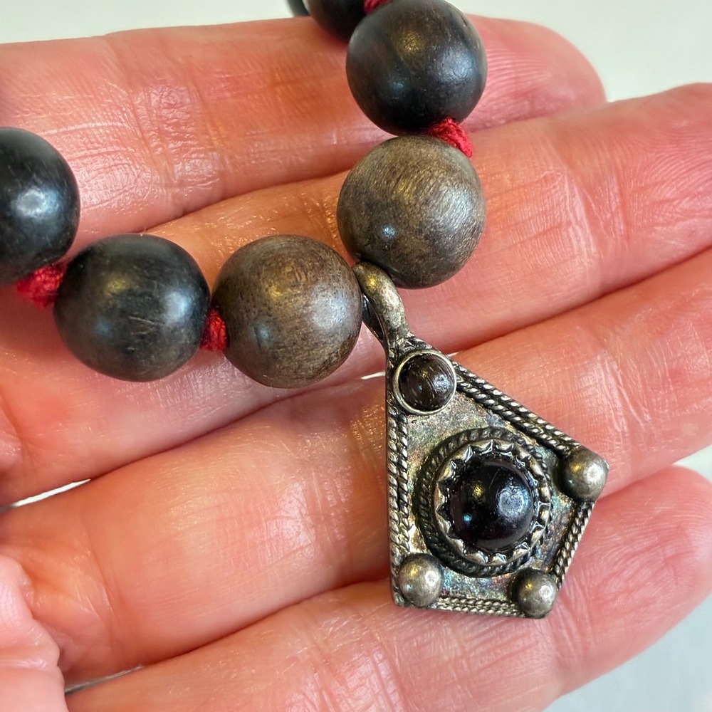 Lucky Brand Necklace Wood Bead Hand Knotted Red Cord Toggle Pendant